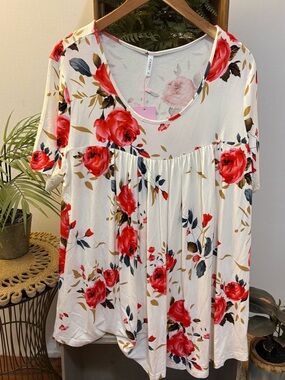 Cathy Floral Rose Scoop Neck SUPER SOFT Top Blouse Short Sleeve Shirt 3XL Flowy